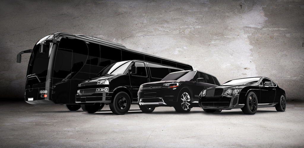 black vehicles parked side by side in size order: motor coach, suv, large car, small car
