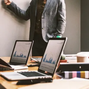 Open laptops in a meeting