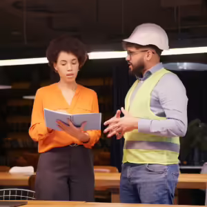 Male project manager discussing building plan with female engineer in hard hat and safety vest, concluding their successful meeting, handshake in modern office.